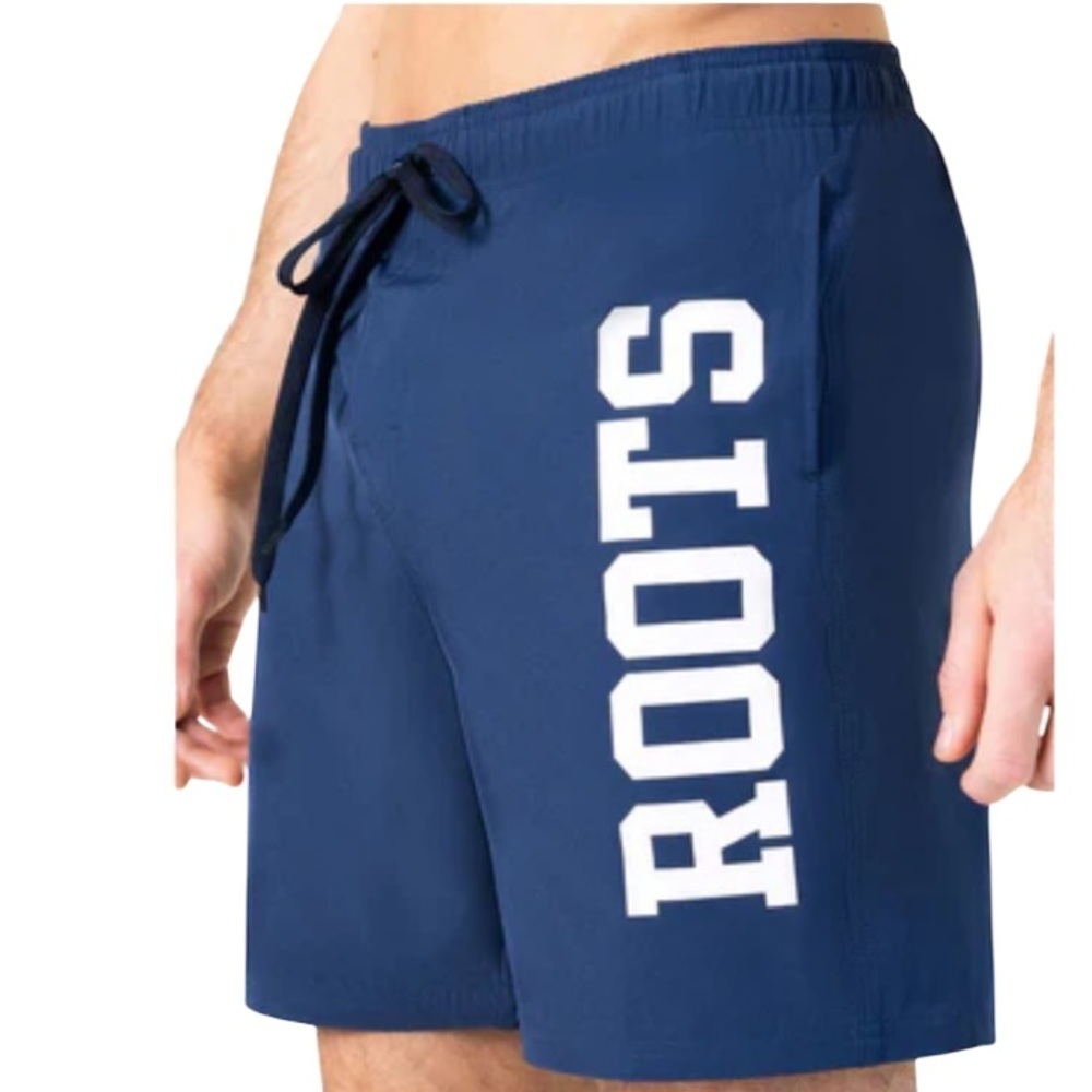 ROOTS Mens Graphic Logo Swim Shorts Navy Blue Mesh Lined Pockets Draw String L